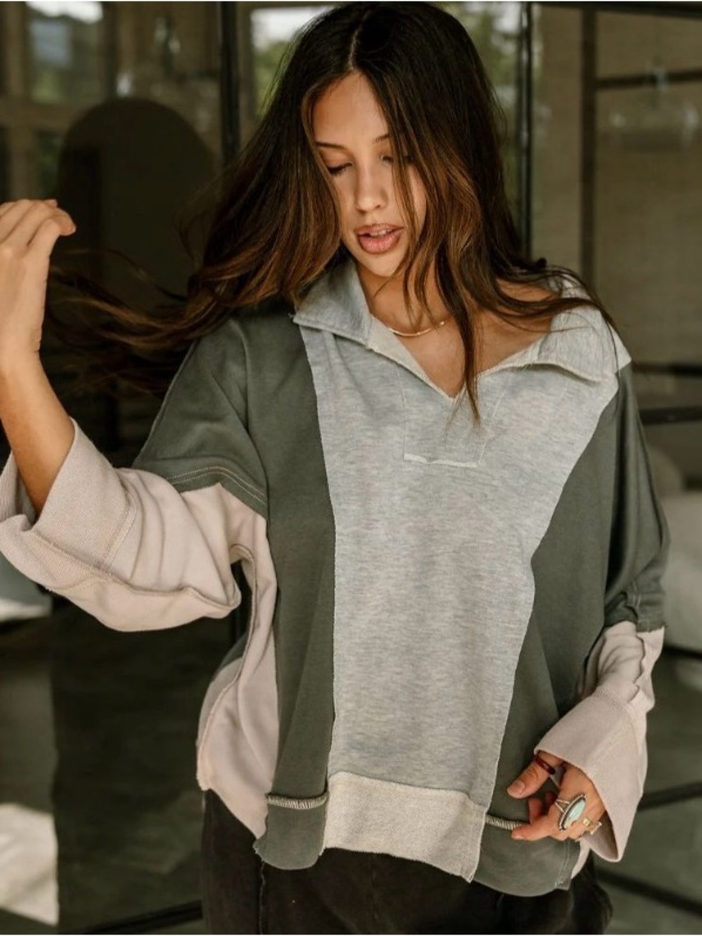 Oversized Slouch Fit Gray Combo Color-block sweatshirt: Small